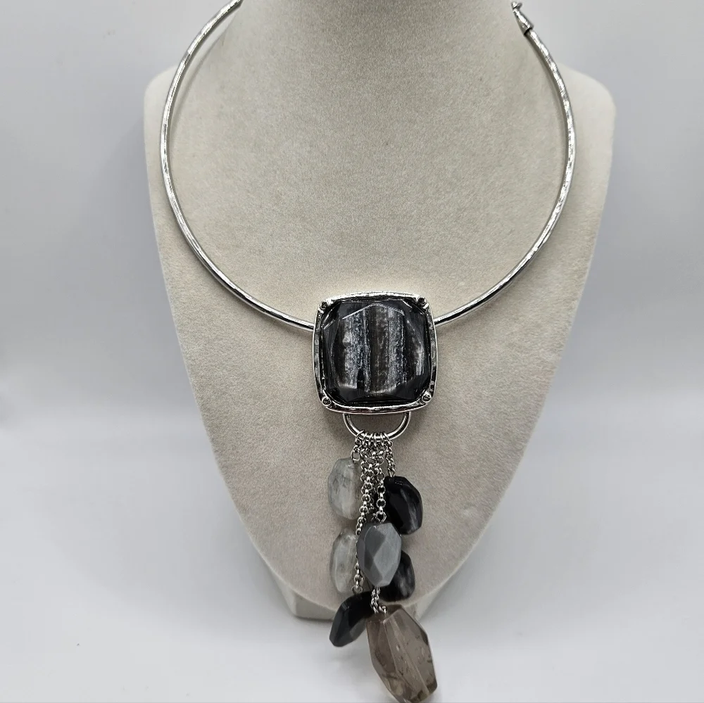 NEW Chico's Cinda Black Lucite Statement Dangle Necklace Silver Tone